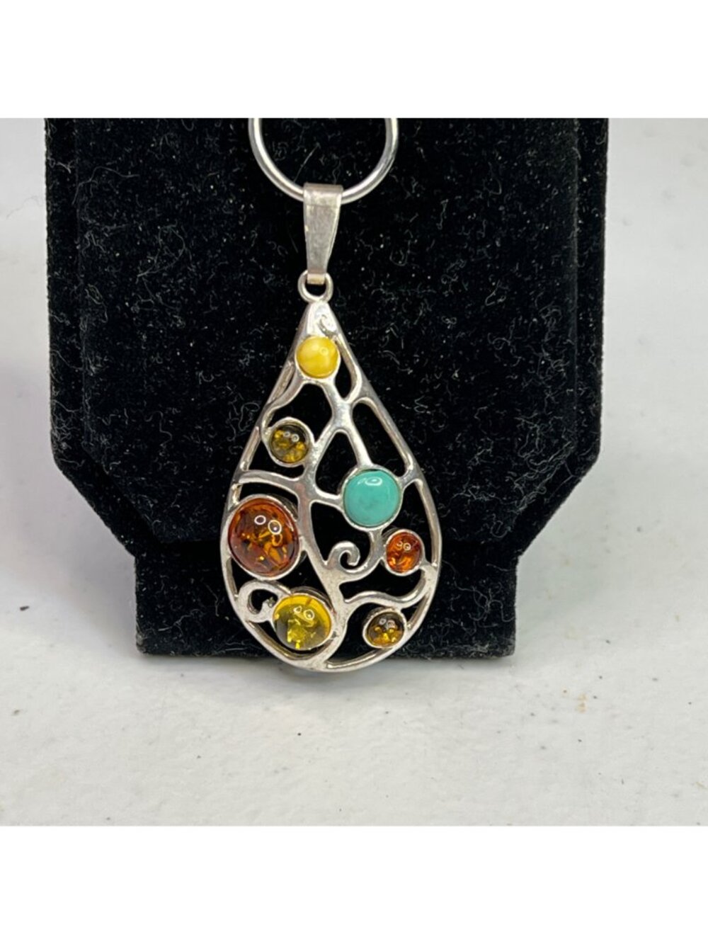 Teardrop Sterling Silver Pendant W/ Multi-Color Amber Stones & Turquoise Accent - Picture 4 of 12